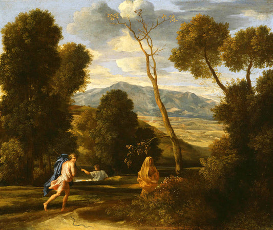 Landscape with a Man Pursued by  a Snake, vintage artwork by Nicolas Poussin, 12x8" (A4) Poster