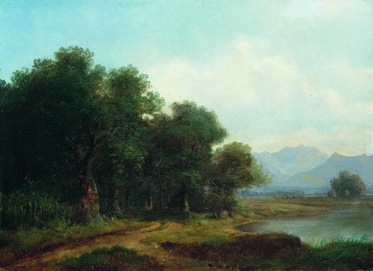Lake in a Mountain Valley, vintage artwork by Lev Kamenev, 12x8" (A4) Poster