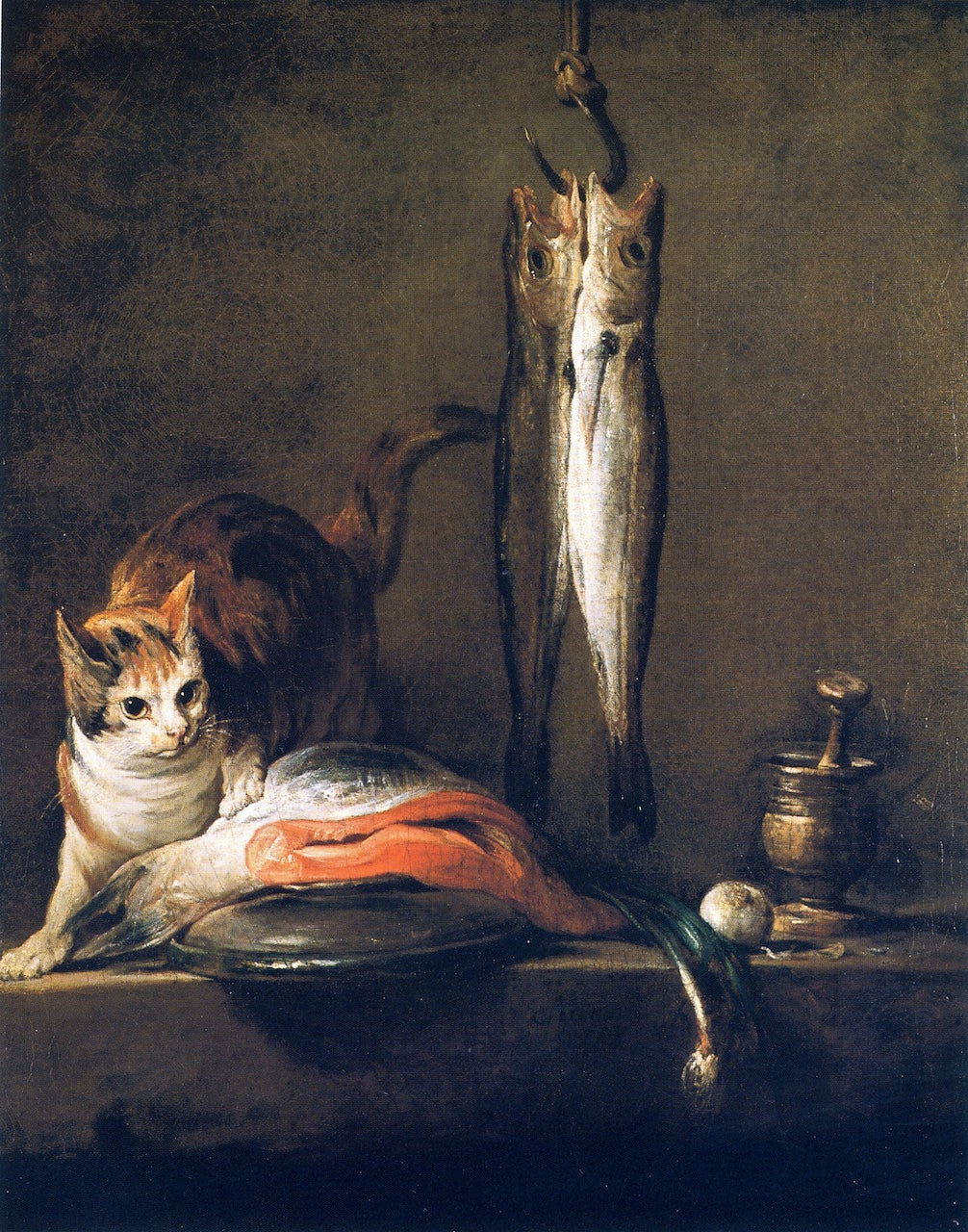 Cat with Salmon, Two Mackerel, Pestle and Mortar, vintage artwork by Jean-Baptiste-Simeon Chardin, 12x8" (A4) Poster