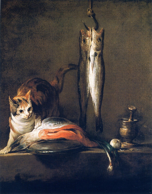 Cat with Salmon, Two Mackerel, Pestle and Mortar, vintage artwork by Jean-Baptiste-Simeon Chardin, 12x8" (A4) Poster