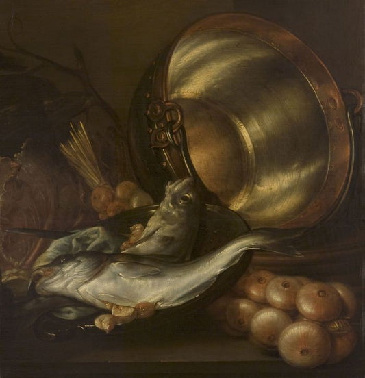Still Life with Fish and a Copper Kettle, vintage artwork by Pieter Boel, 12x8" (A4) Poster