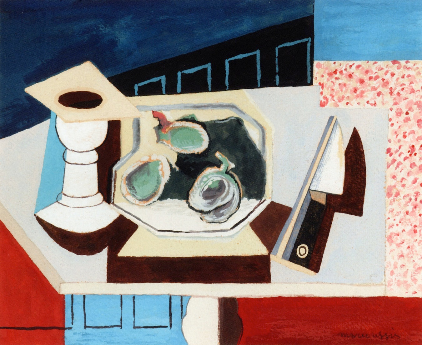 Still Life with Pomegranates and Knife on a Pedistal, vintage artwork by Louis Marcoussis, 12x8" (A4) Poster