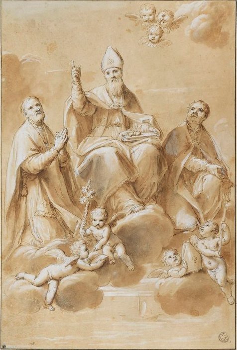 St Nicholas, Bishop of Mira, on a Cloud between Two Saints, vintage artwork by Marcantonio Franceschini, 12x8" (A4) Poster