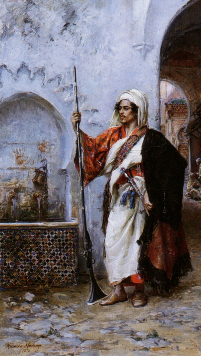 Arab Warrior by  a Fountain, vintage artwork by Ricardo de Madrazo y Garreta, 12x8" (A4) Poster