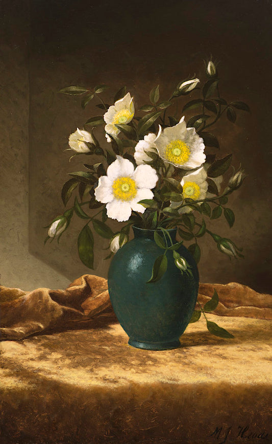 Cherokee Roses in a Blue Pottery Vase, vintage artwork by Martin Johnson Heade, A3 (16x12") Poster Print