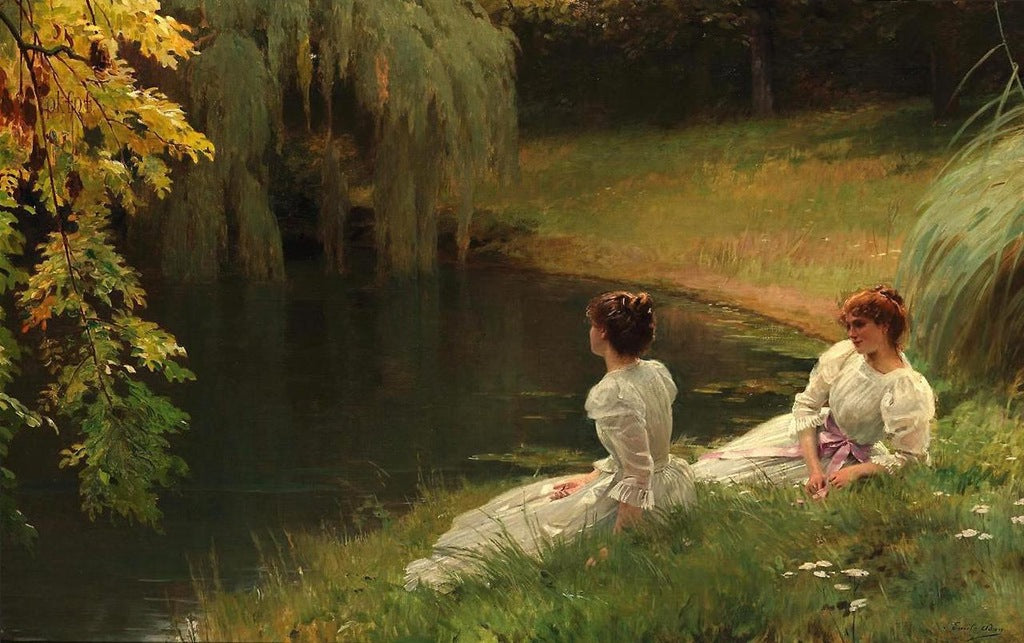 Elegant Ladies At Rest Beside a Pond, vintage artwork by Louis-Emile Adan, 12x8" (A4) Poster