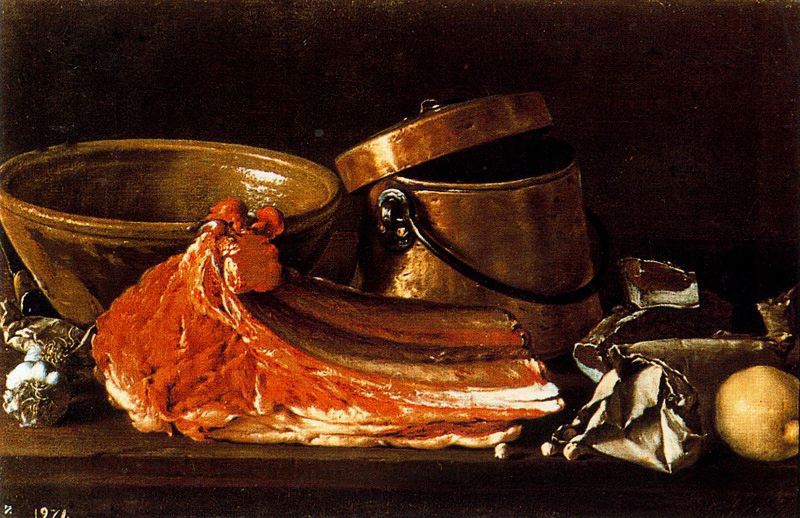 Still Life with Steak and Spices, vintage artwork by Luis Melendez, 12x8" (A4) Poster