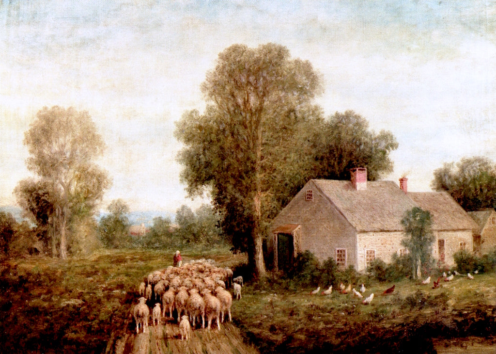 Farmhouse with Sheep and Chickens, vintage artwork by Wesley Elbridge Webber, 12x8" (A4) Poster