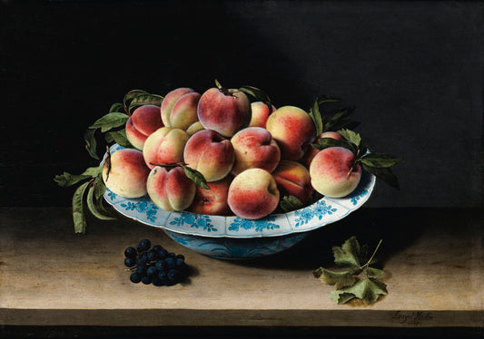 Peaches in a Blue and White Ming Porcelain Bowl on a Table, vintage artwork by Louise Moillon, 12x8" (A4) Poster