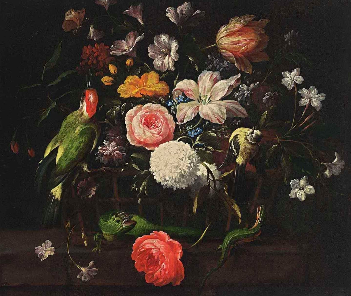 A Still Life with a Rose, a Snowball, Tulips, Marigold, etc., with two Green Lizards, vintage artwork by Philip van Kouwenbergh, 12x8" (A4) Poster