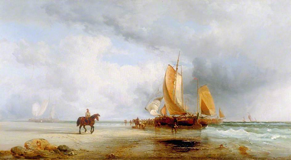 Dutch Herring Bus Unloading on the Beach, vintage artwork by William Shayer Snr, 12x8" (A4) Poster