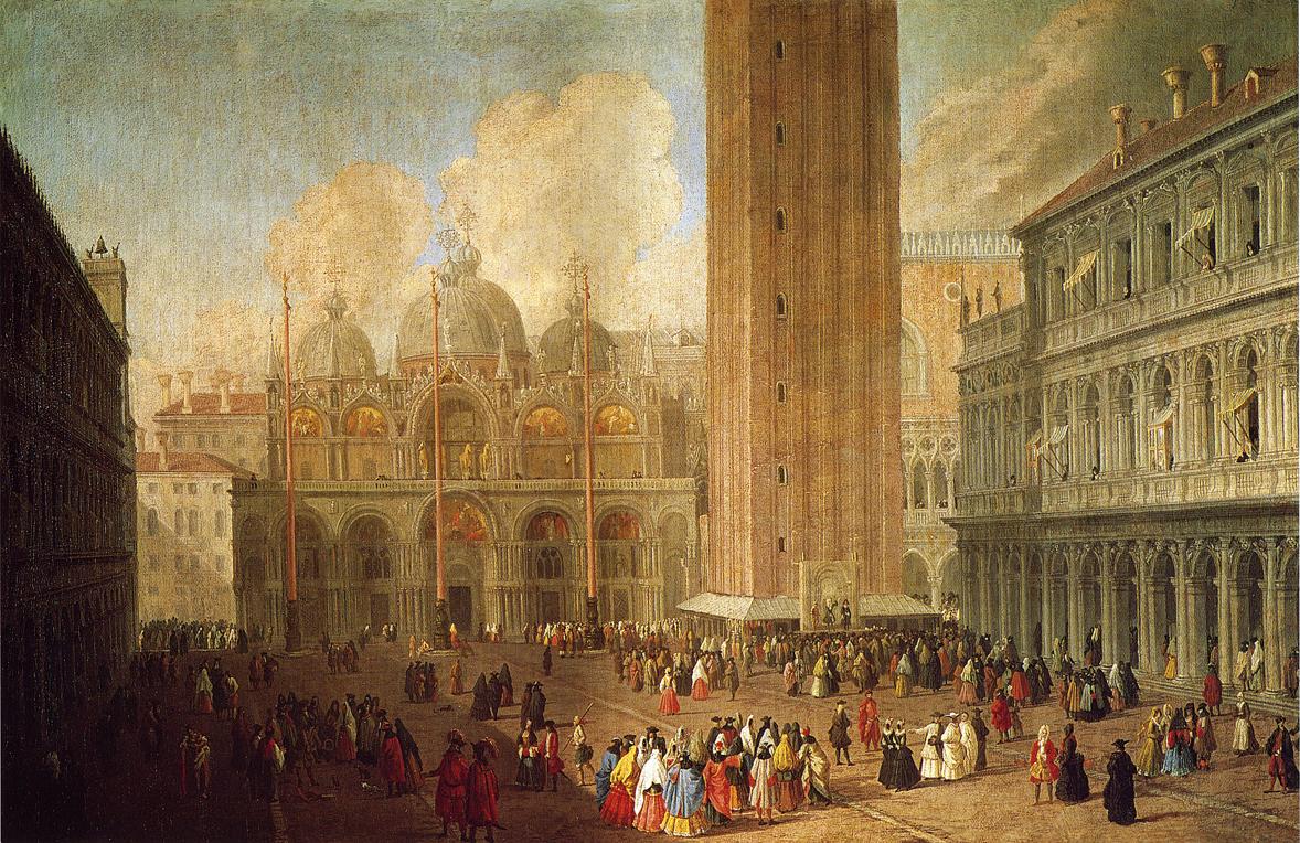 Piazza San Marco, Looking East, vintage artwork by Luca Carlevarijs, 12x8" (A4) Poster