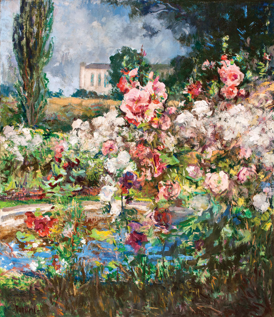 Hollyhocks and Sunshine, vintage artwork by Edmund Tarbell, 12x8" (A4) Poster