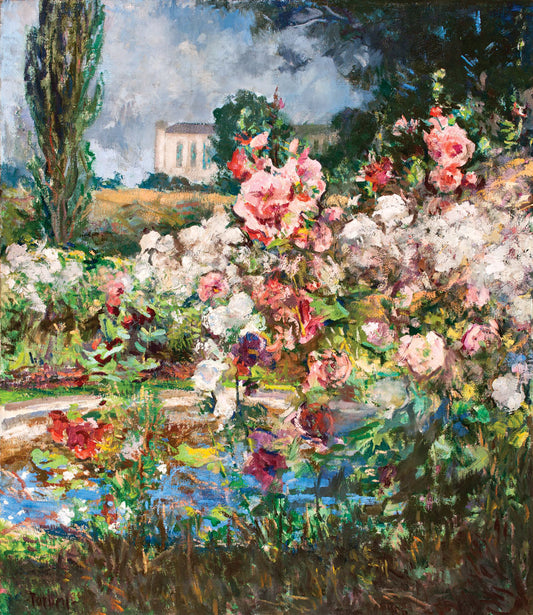 Hollyhocks and Sunshine, vintage artwork by Edmund Tarbell, 12x8" (A4) Poster