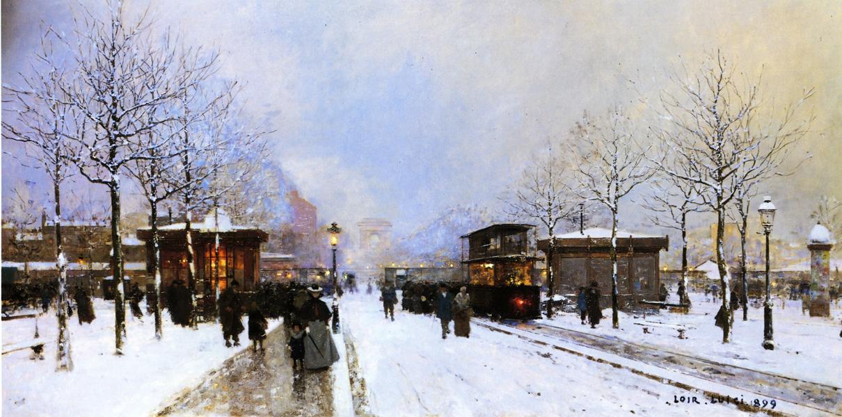 The Porte Maillot, Snow Effect, Sunset, vintage artwork by Luigi Loir, 12x8" (A4) Poster