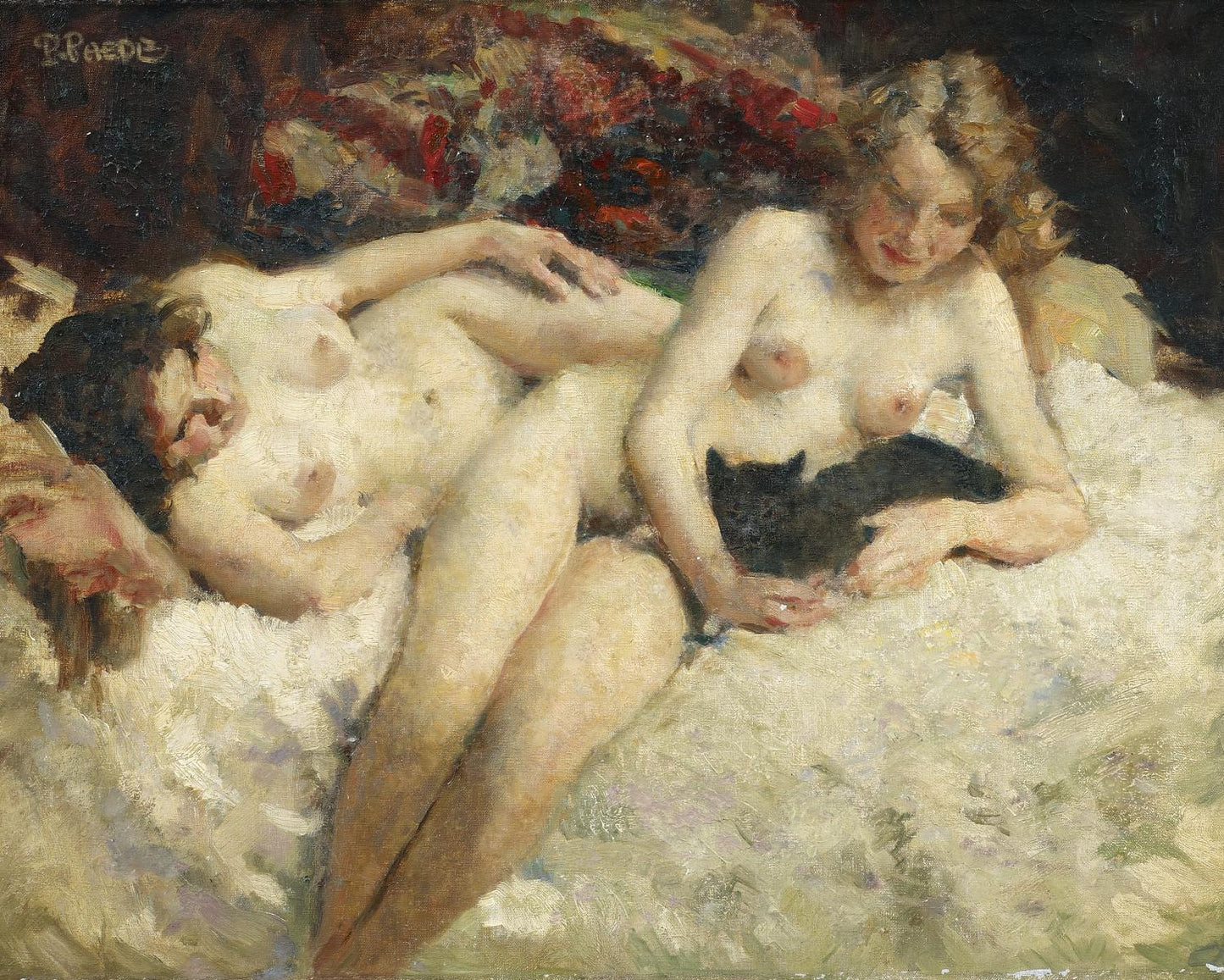 Two Girls with a Cat by Paul Paede,A3(16x12")Poster