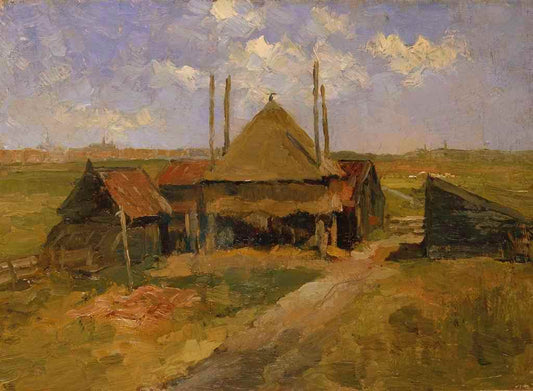 Haystack and Farm Sheds in a Field, vintage artwork by Piet Mondriaan, 12x8" (A4) Poster