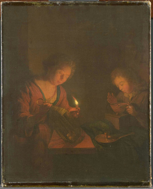 A girl placeing a candle in a lantern and a guy making fire for an oven, vintage artwork by Godfried Schalcken, 12x8" (A4) Poster