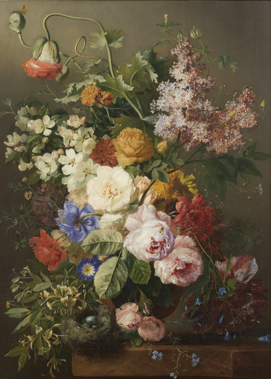Flower Still-life with Bird's Nest, vintage artwork by Georgius Jacobus Johannes van Os, 12x8" (A4) Poster