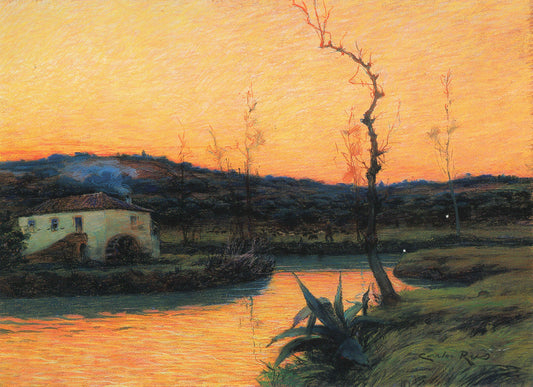Landscape of the Almonda River, Torres Nova, Portugal, vintage artwork by Carlos Reis, 12x8" (A4) Poster