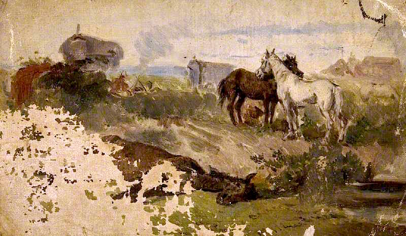 Horses in a Field with Gypsies and a Caravan, vintage artwork by Eyre Crowe, 12x8" (A4) Poster
