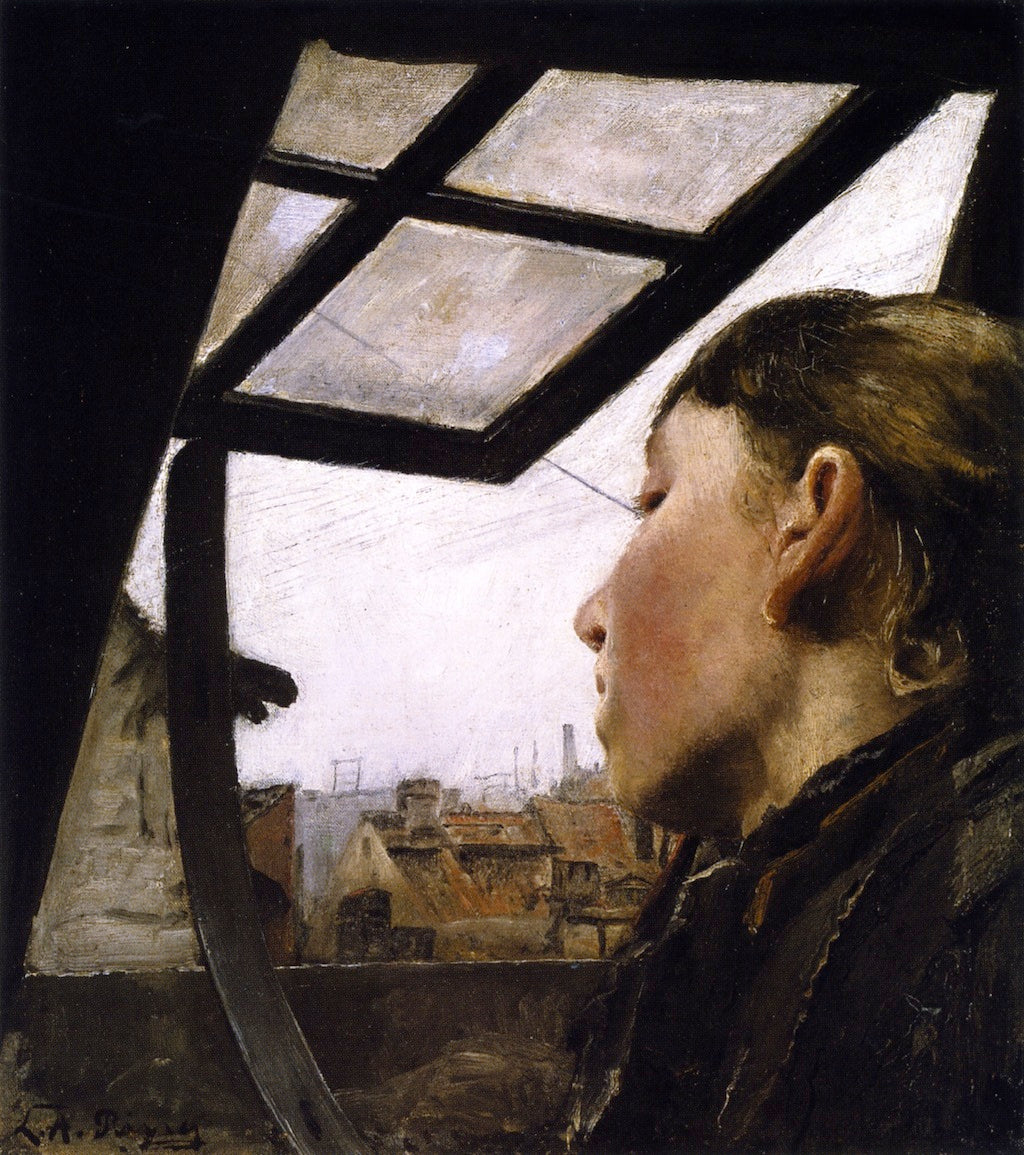 Young Girl Looking out of a Window, vintage artwork by Lauritz Andersen (L.A.) Ring, 12x8" (A4) Poster