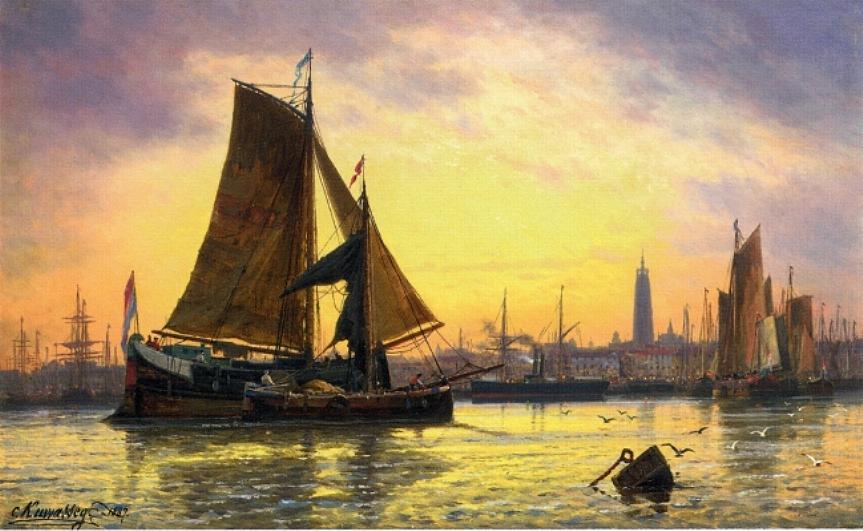 Barges Docking at a Harbour, Antwerp, vintage artwork by Charles Euphraisie Kuwasseg, 12x8" (A4) Poster