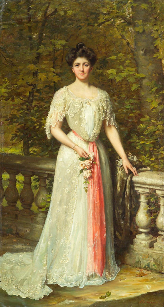 A portrait of a lady in a white dress with a pink sash by  a balustrade, vintage artwork by Thomas Benjamin Kennington, 12x8" (A4) Poster