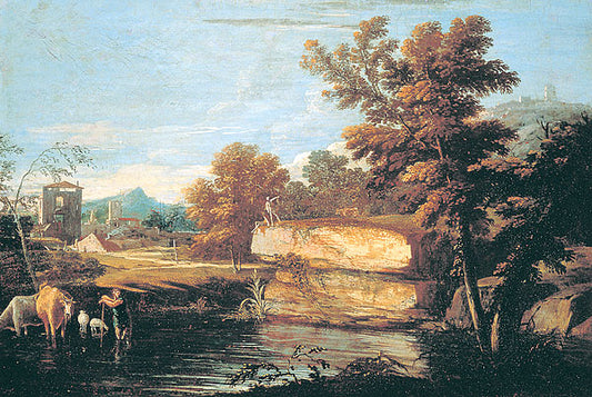 Landscape with Lake and Herds, vintage artwork by Marco Ricci, 12x8" (A4) Poster