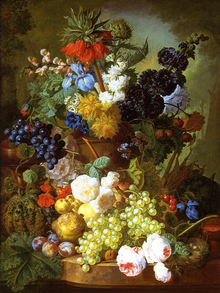 Still Life of Flowers, Fruit and Bird's Nest on a Marble Ledge, vintage artwork by Jan van Os, 12x8" (A4) Poster