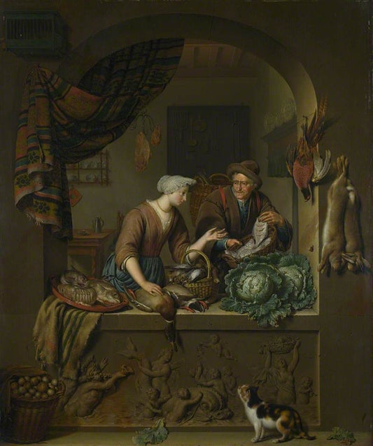 A Woman and a Fish Pedler in a Kitchen, vintage artwork by Willem van Mieris, 12x8" (A4) Poster