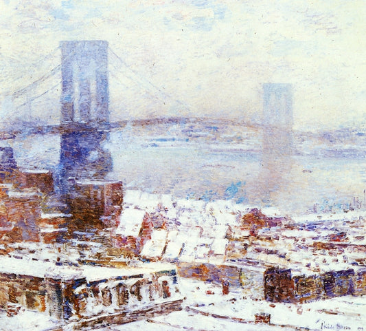 Brooklyn Bridge in Winter, vintage artwork by Childe Hassam, 12x8" (A4) Poster