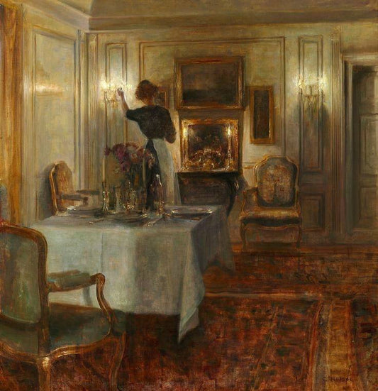 Evening interior, vintage artwork by Carl Vilhelm Holsøe, 12x8" (A4) Poster