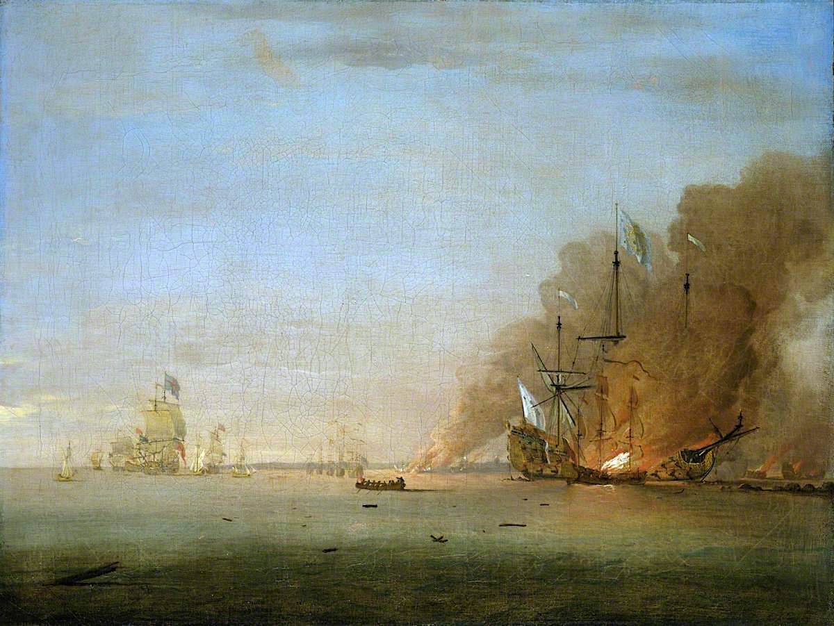 Destruction of the 'Soleil Royal' at the Battle of La Hogue, 23 May 1692, vintage artwork by Peter Monamy, 12x8" (A4) Poster