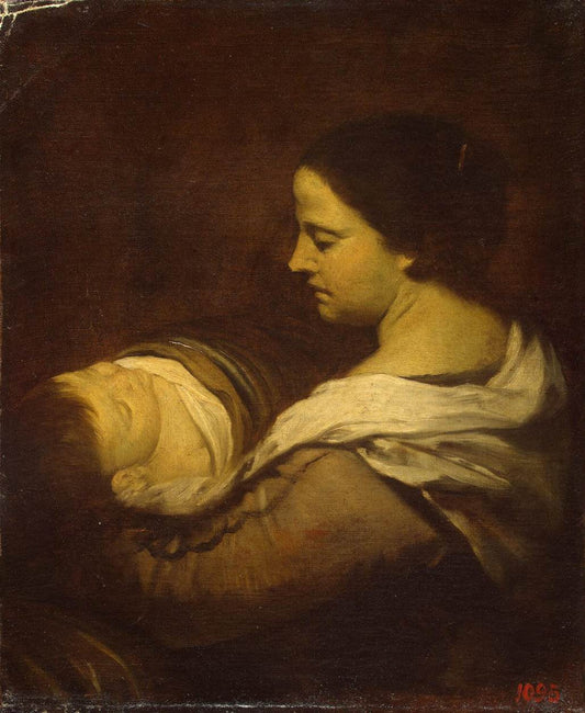 Woman with a Sleeping Child, vintage artwork by Juan Bautista Martinez del Mazo, 12x8" (A4) Poster