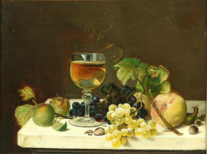 Still Life with Fruit and Glass of Wine, vintage artwork by Johann Wilhelm Preyer, A3 (16x12