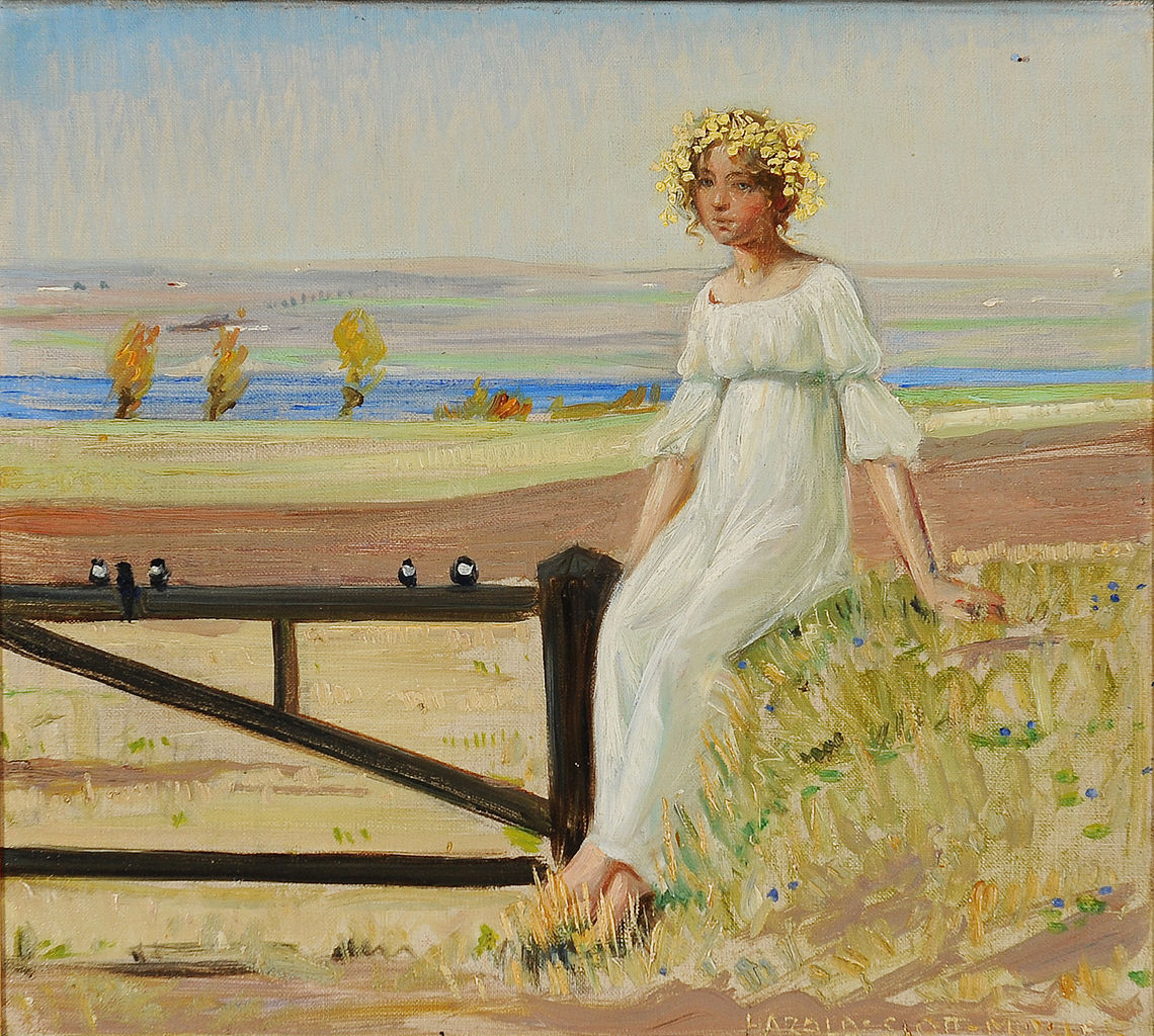 Young girl with flowers in her hair sitting on a fence, vintage artwork by Harald Slott-Møller, 12x8" (A4) Poster