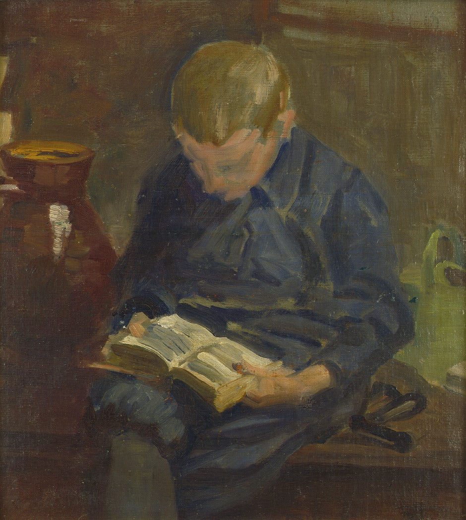 Study of a Reading Boy, vintage artwork by Fritz von Uhde, 12x8" (A4) Poster