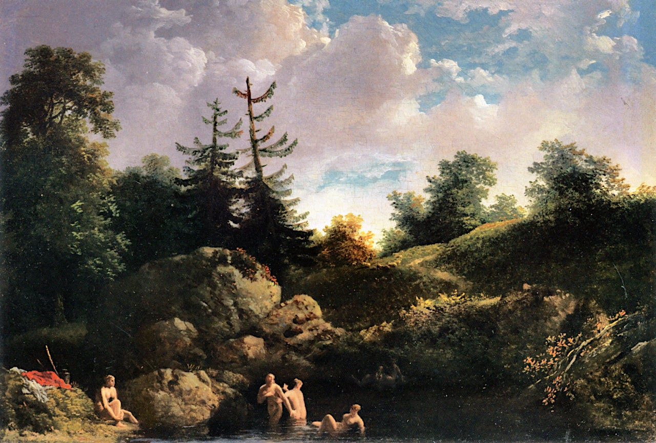 A River Landscape with Bathers, vintage artwork by Jacques-Antoine Vallin, 12x8" (A4) Poster