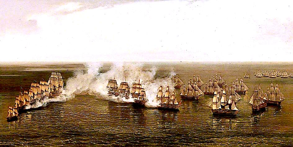 The Action of Commodore Dance and the Comte de Linois off the Straits of Malacca, 15 February 1804, vintage artwork by William Daniell, 12x8" (A4) Poster