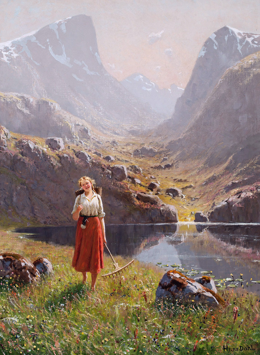 Girl by  a mountain lake, vintage artwork by Hans Dahl, 12x8" (A4) Poster