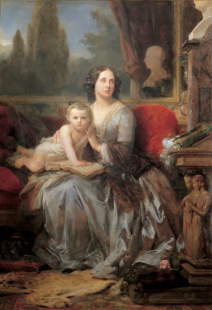 Maria Duquesa di Galliera with her son Filippo, vintage artwork by Leon Cogniet, A3 (16x12") Poster Print