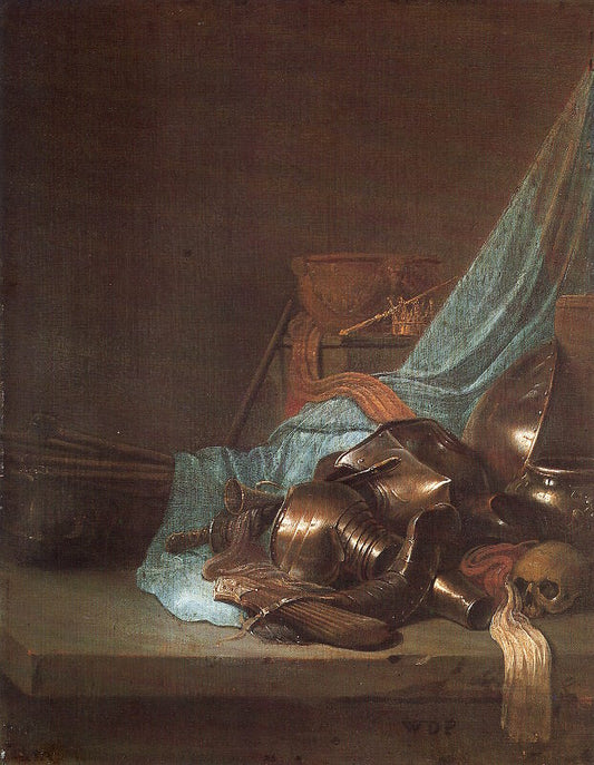 Still Life with Weapons and Banners, vintage artwork by Willem de Poorter, 12x8" (A4) Poster