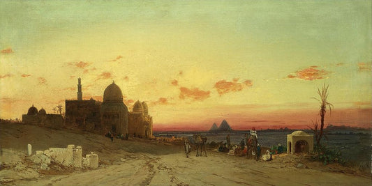A view of the tomb of the caliphs with the Giza pyramids beyond, vintage artwork by Hermann David Solomon Corrodi, 12x8" (A4) Poster