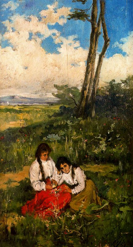 Niñas en el prado, vintage artwork by Jose Mongrell Torrent, 12x8" (A4) Poster