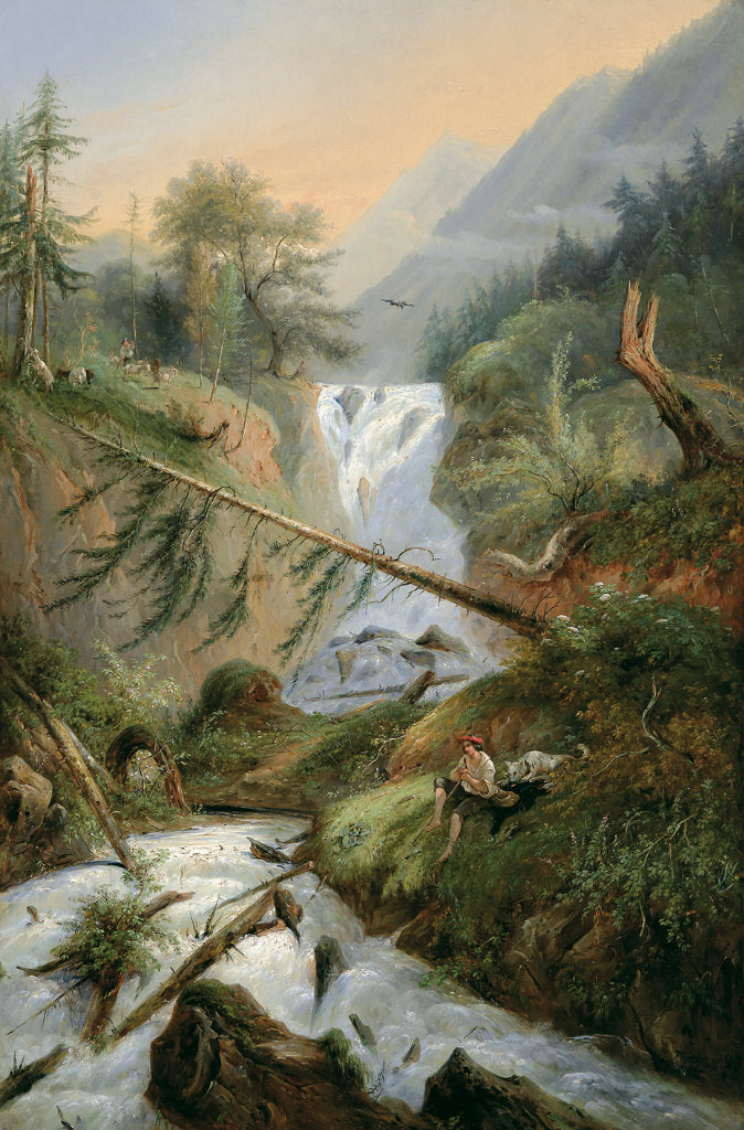 Shepherd Resting by  the Waterfall, vintage artwork by Alexandre Calame, A3 (16x12") Poster Print