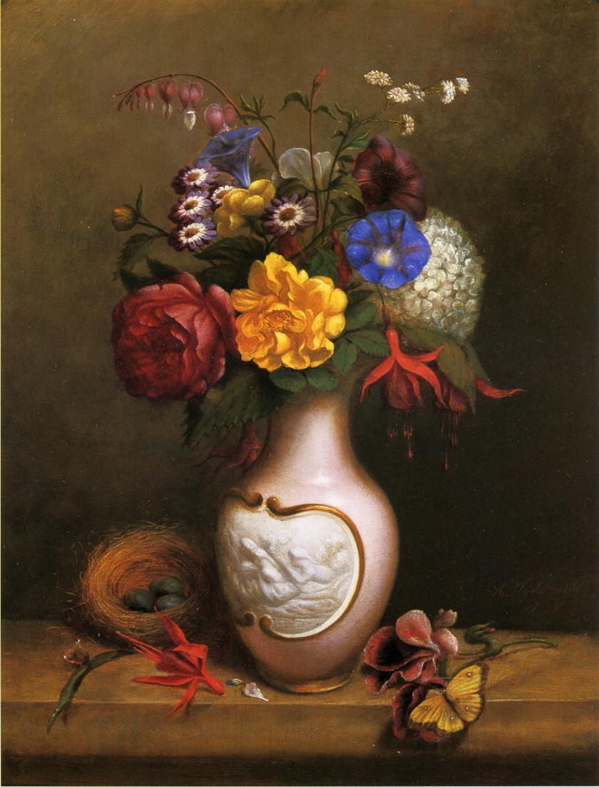 Floral Arrangement with Birds Nest, vintage artwork by Arnoud Wydeveld, 12x8" (A4) Poster