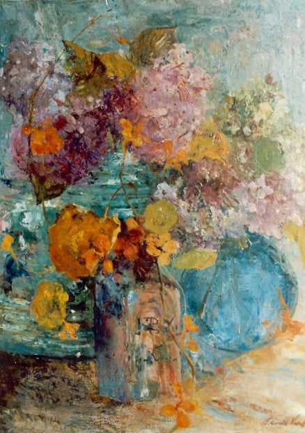 Hortensia and nasturtium in a glass vase by Floris Verster,A3(16x12")Poster
