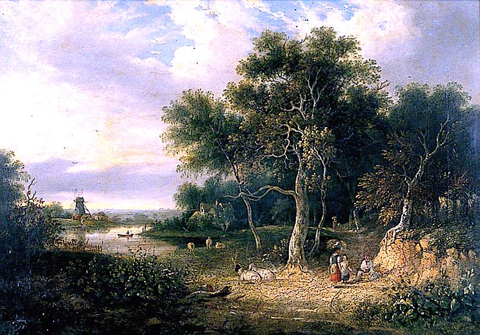 Landscape with a River and Mill, Sheep in Foreground, vintage artwork by Samuel David Colkett, A3 (16x12") Poster Print