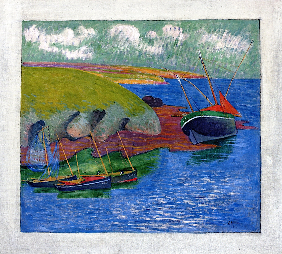 Sardine Boats on a Rocky Coast, vintage artwork by Emile Jourdan, 12x8" (A4) Poster